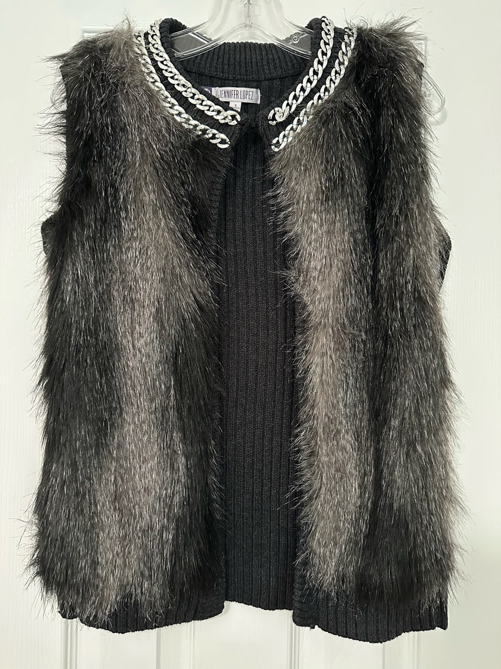 Jennifer Lopez Faux Fur Knit Sweater Vest With Silver Chain Dark Gray (Small)